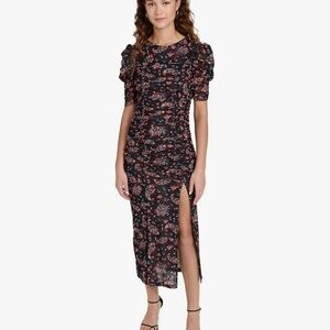 Free People Black Ruched Sheath Dress with Puff Sleeves